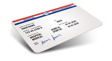 Here is a mock generic government medicare medical insurance card isolated on a white background and is a 3-D image. - obrazy, fototapety, plakaty