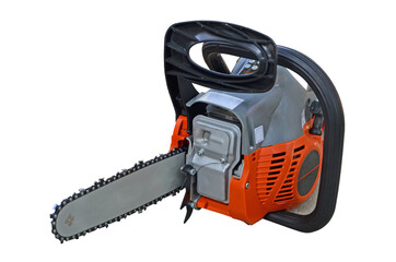 Fototapeta premium Front side of professional chain saw on white background