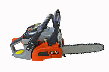 New  orange professional chain saw on white background