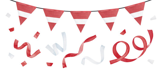 Bright streamers and bunting with triangular flag of Latvia. Dark red and white colors. Hand painted watercolour graphic drawing, cutout clip art elements for design decortion, greeting card, banner.