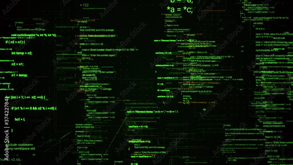 Poster abstract computer monitor with moving symbols. animation. green linux terminal commands on black bac