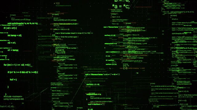 Abstract computer monitor with moving symbols. Animation. Green linux terminal commands on black background, conept of operating systems and technologies.