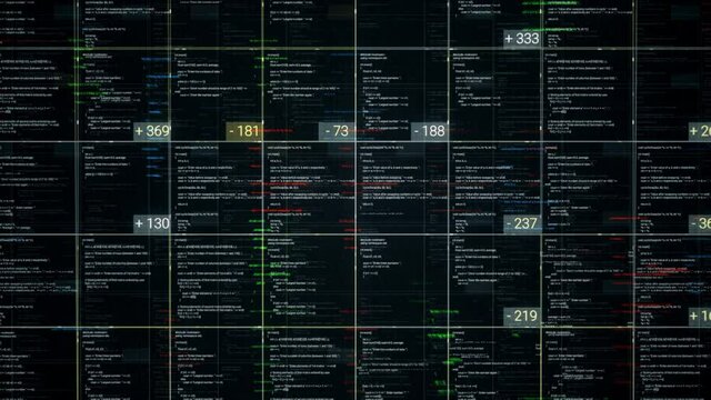 Programming blocks of code on black background, seamless loop. Animation. Abstract computer script, programming code as technology background.