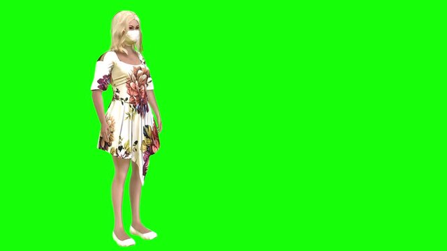 4k 3d animation with a young woman wearing a face mask and a colourful dress, looks around her waving and walks off.