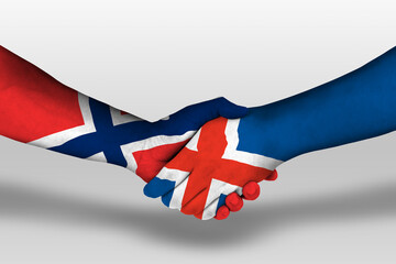 Handshake between iceland and norway flags painted on hands, illustration with clipping path.