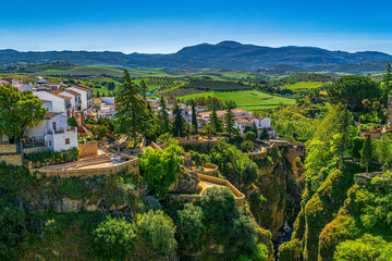 Idyllic landscape of houses along the  El Tajo Gorge Ronda Spain