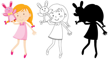 Girl playing with doll hand in colour and silhouette and outline