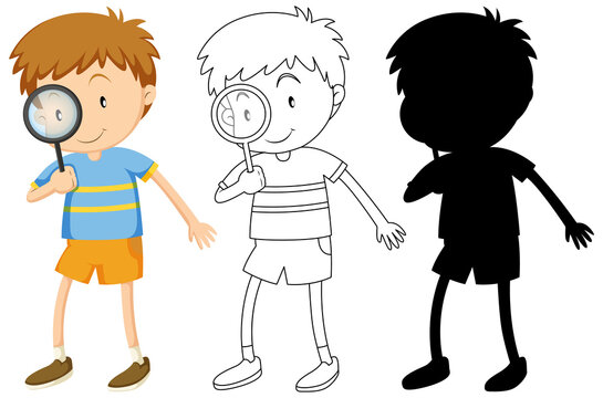 Boy holding magnifying glass in color and outline and silhouette