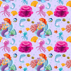 Seamless mermaid and sea animal cartoon style on purple background