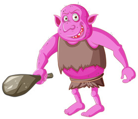 Pink goblin or troll holding hunting tool in cartoon character isolated