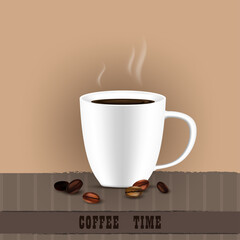Realistic coffee cup and beans on brown background. Coffee time.