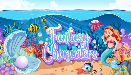 Fantasy characters logo with mermaids on undersea background