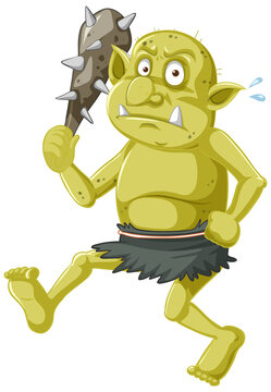 recommend clip art: Green goblin or troll holding hunting tool in cartoon character isolated