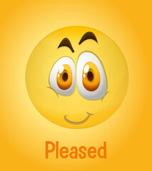 Pleased faces emoji with its description on yellow background