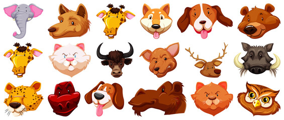 Set of different cute cartoon animals head huge isolated on white background