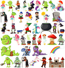 Set of fantasy cartoon characters and fantasy theme isolated on white background