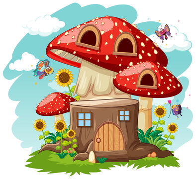 Stump mushroom house and in the garden cartoon style on sky background