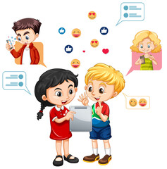 Two kids learning on tablet with social media emoji icon cartoon style isolated on white background