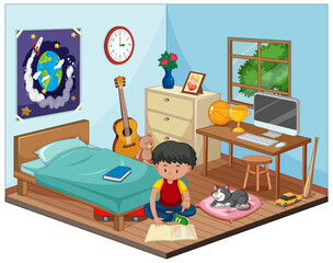 Part of bedroom of children scene with a boy in cartoon style