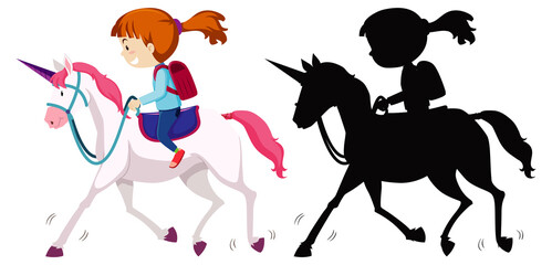 Fototapeta na wymiar Girl riding unicorn with it silhouette