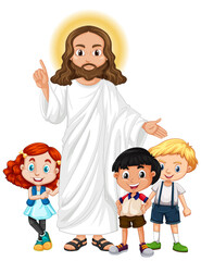 Jesus with a children group cartoon character