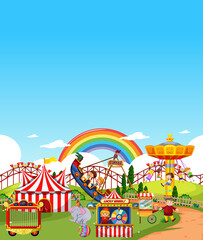 Amusement park scene at daytime with blank bright blue sky