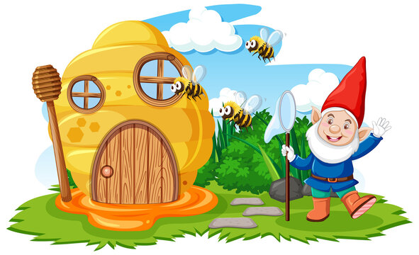 Gnomes and honeycomb house in the garden cartoon style on sky background