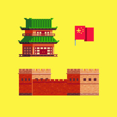 China country pixel art 80s style icons set. Asian temple and flag. Great Chinese Wall. Stickers design. 8-bit sprites. Isolated vector illustration.