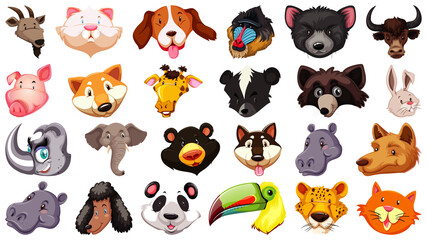 Set of different cute cartoon animals head huge isolated on white background