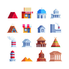 Fototapeta premium Buildings pixel art set world sights isolated vector illustration. Banner for the tourist tour famous monuments. Vacation time, trip. Tourist attraction landmark. Design for stickers and logo