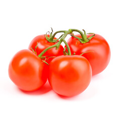 Tomatoes on a green branch on a white background.