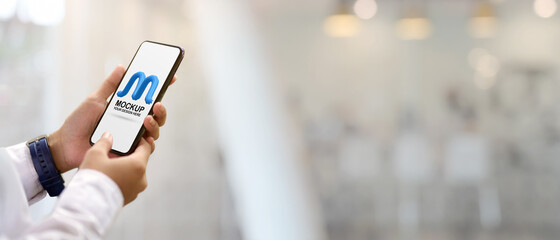 Close up view of female hands holding mock up smartphone on blurred background