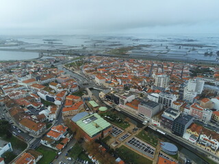 Naklejka premium Aveiro, beautiful village. The Venice of Portugal. Aerial Drone Photo