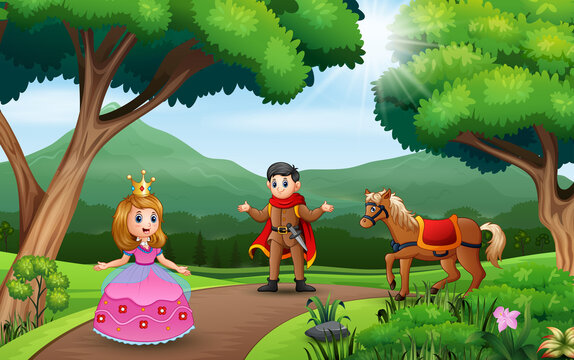 Cartoon a couple prince and princess playing in the nature landscape