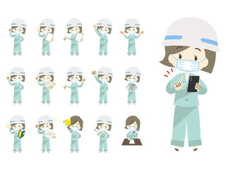 作業着を着た女性のポーズセット