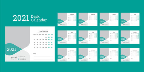 Fototapeta na wymiar Desk calendar template for 2021 year.Week Starts on Monday
