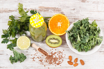 Freshly blended green coctail from fruits, vegetables and other ingredients. Diet and healthy...