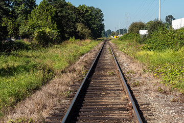 Fototapeta na wymiar rail road stretching to the far end in the middle of the dense green bushes and trees on a sunny day outside industrial complex