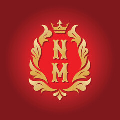 Fototapeta premium Monogram NM letters - concept logo template design. Crest heraldic luxury emblem. Golden leaves and crown. Initials N & M. Vector illustration. 