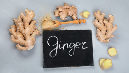 Fresh ginger root and ginger powder.
