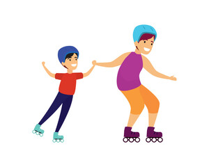 Fototapeta na wymiar Sibling Ride on Roller Skates Together Illustration