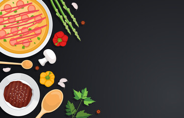 Pizza Vegetables on Cooking Black Table Kitchen Backdrop Illustration