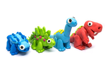 Play dough group Brachiosaurus, Tyrannosaurus, Stegosaurus, Ankylosaurus on white background