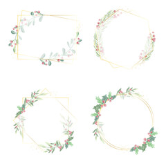 watercolor christmas leaf and red berry wreath with golden frame glitter collection