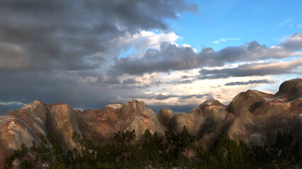 3d illustration of a fantasy landscape with some mountains and a cloudy sky. 3d render.