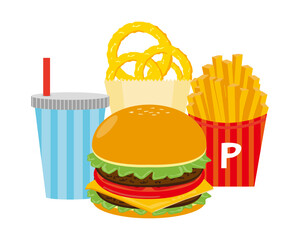 ハンバーガーとフライドポテトとオニオンリングのベクターイラスト　