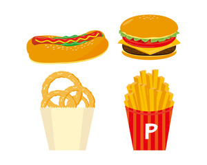 ハンバーガーとフライドポテトとオニオンリングのベクターイラスト　