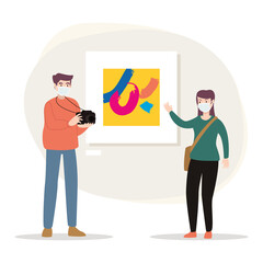 New normal concept when at an art exhibition. Two teenagers were at an exhibition and still wearing masks