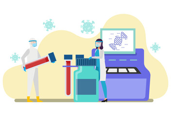 Two health professionals are analyzing the results of the rapid test and swab test in a laboratory. Perfect concept for landing pages, websites and many more