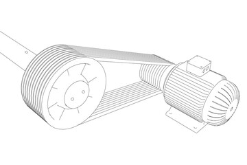 Engine frame with belts. The contour of an electric motor from black lines on a white background. 3D. Vector illustration